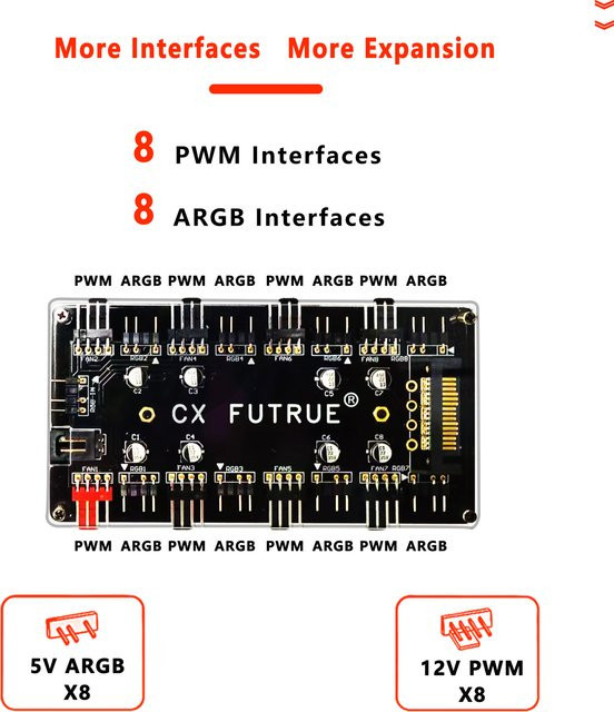 AuyiHomu Computer-Gehäuse-Lüfter-Hub in Schwarz mit 8 PWM- und ARGB-Anschlüssen (12V 4-Pin und 5V 3-Pin) - Bild 1
