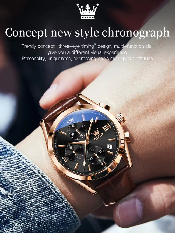 OLEVS Chronograph Armbanduhr, Quarz, Leder, Schwarz, Herren - Bild 7