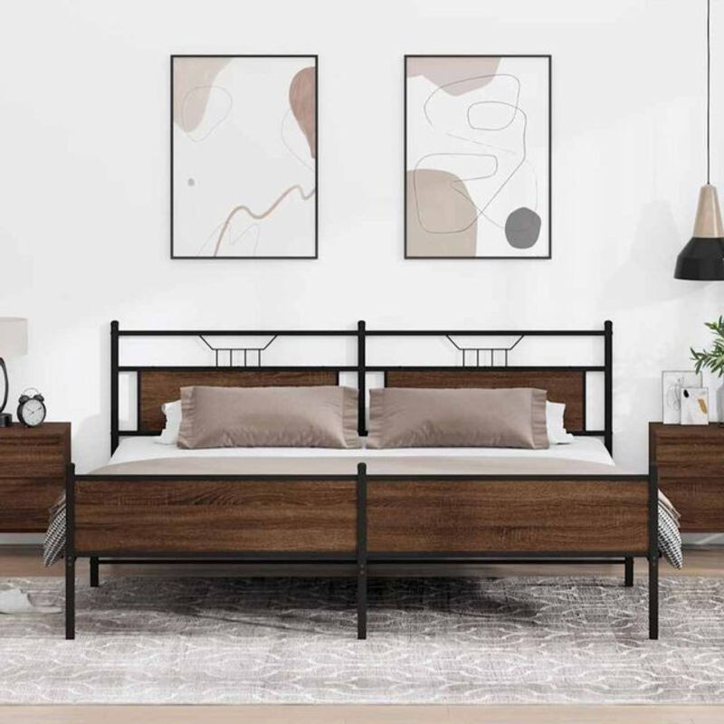 Metallbett vidaxl in Braun Eichen-Optik aus Metall und Holzwerkstoff, B/T/H: 193 x 201 x 91,5 cm - Bild 1