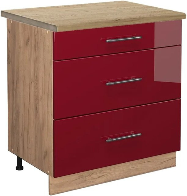 Vicco Küchenunterschrank Fame-Line Bordeaux Hochglanz in Rot und Goldkraft Eiche mit 3 Schubladen und Soft-Close-Funktion, B: 80 cm, T: 60 cm, H: 82 cm - Bild 1