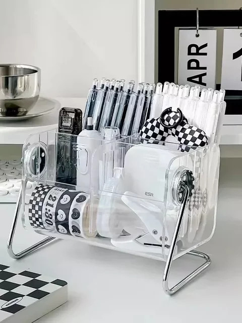 Drehbare Acryl-Aufbewahrungsbox in Transparent mit 6 Fächern als Schreibtisch-Organizer für Schreibwaren und Kleinigkeiten - Bild 1