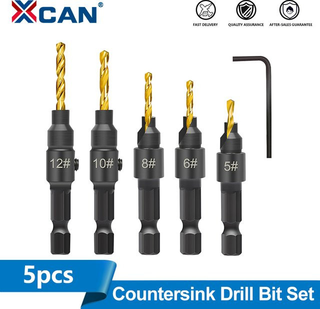 XCAN 5-teiliges Senkerbohrer-Set mit 1/4 Zoll Sechskantschaft für die Holzbearbeitung, Bohrpilot-Lochschneider für Schrauben, Größen 5/6/8/10/12 mm - Bild 1