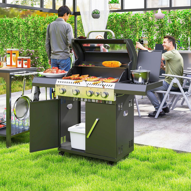 Outsunny Gasgrill mit 5 Brennern und Seitenkocher, BBQ Grillwagen mit 2 Heizzonen, Thermometer und Seitenablagen, H x B x T: 110 x 54 x 135 cm - Bild 2