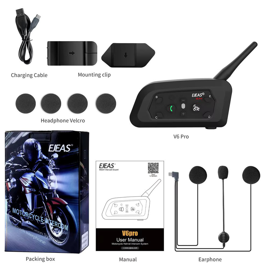 Ejeas V6 Pro Bluetooth Motorrad Intercom Helm Headset für 6 Fahrer in Schwarz - Bild 6