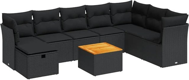 vidaXL 9-teilige Garten-Sofagarnitur mit Kissen aus Poly-Rattan und Akazienholz in Schwarz - Bild 1