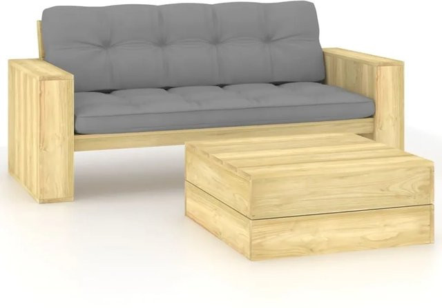 vidaXL 2-teiliges Garten-Lounge-Set aus imprägniertem Kiefernholz mit grauen Polsterkissen und Couchtisch - Bild 1