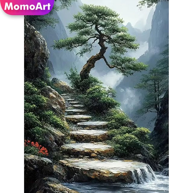Momoart Diamant-Malerei Baum-Landschaft DIY Bastelset mit bunten Rund-Strasssteinen zur Heimdekoration B: 30,0 cm, H: 20,0 cm - Bild 1