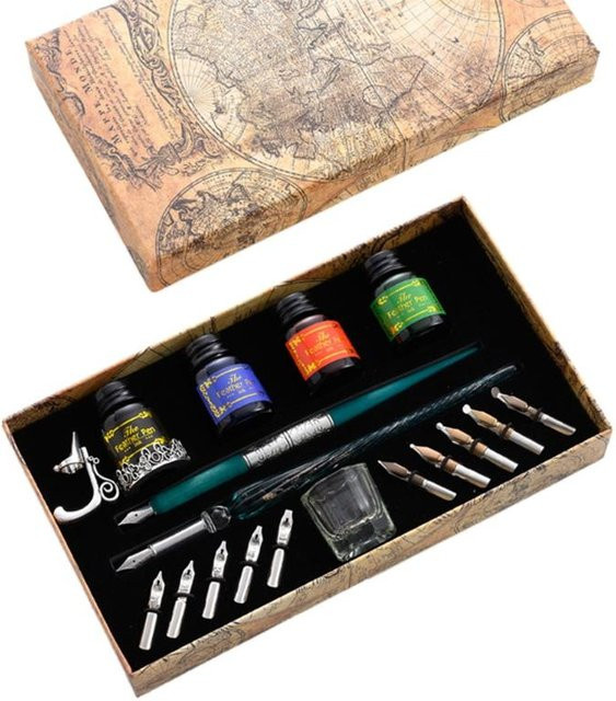 BYKING Vintage Tauchfedern Set mit 10 Federn und Stifthalter in Blau und Mehrfarbig für Kalligraphie und Schreibwaren - Bild 1