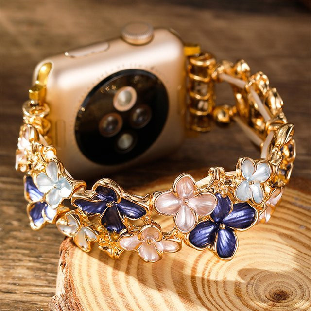 jansin Uhrenarmband Damen, Blumen-Gummiband, Kunststoff, Gold - Bild 1