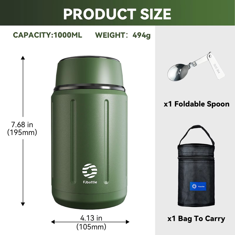 FEIJIAN Thermo-Lunchbox aus Edelstahl mit Tasche und Besteck, 1000 ml, Blau oder Grün - Bild 2