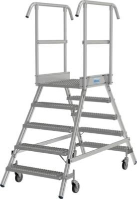 Krause Podestleiter fahrbar aus Aluminium mit 5 Stufen, R13 Profilrost, beidseitig, Farbe Silber, Plattform Breite: 60 cm, Tiefe: 72 cm, Geländer Höhe: 100 cm