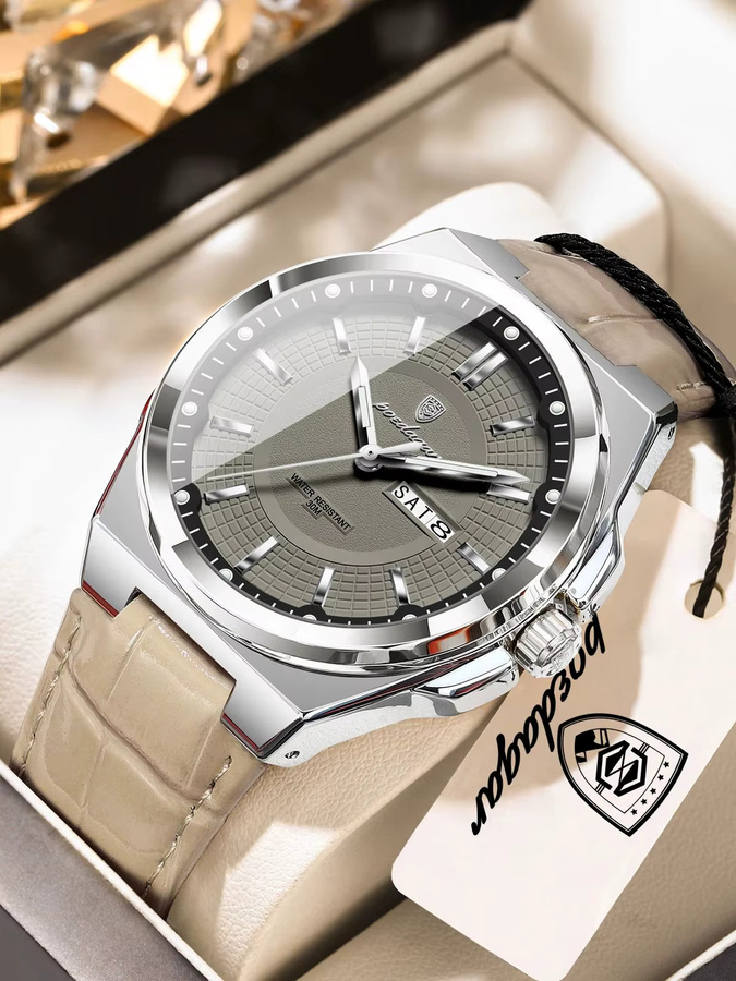 POEDAGAR Armbanduhr Quarz, Leder, Silber, Herren, Datum, Wochentag - Bild 7