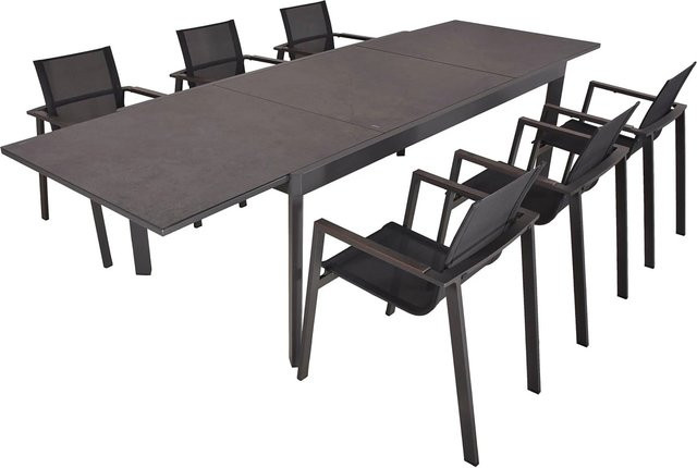 DELUKE Garten-Sitzgruppe EIKE 7-tlg. Gartenmöbel-Set aus Kunststoff und Aluminium in Grau mit ausziehbarem Glastisch und Stapelstühlen - Bild 1