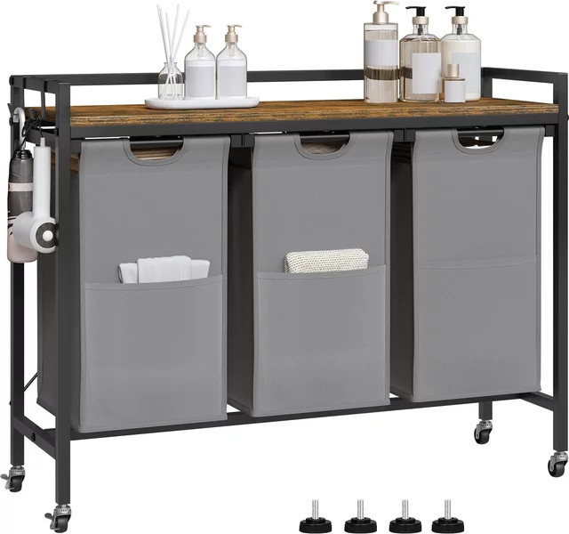 EUGAD Wäschekorb aus Oxford-Stoff mit 2 oder 3 Fächern, erweiterbarer Wäschewagen mit Rädern und Metallrahmen, Farben: Braun oder Grau - Bild 1