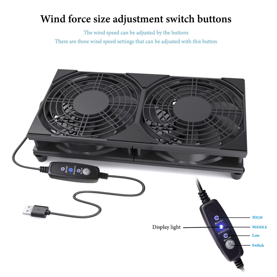 AuyiHomu USB Dual-Lüfter-Kühlpad in Schwarz mit 3 einstellbaren Geschwindigkeiten für PS5, PC und Router, 240 mm - Bild 2