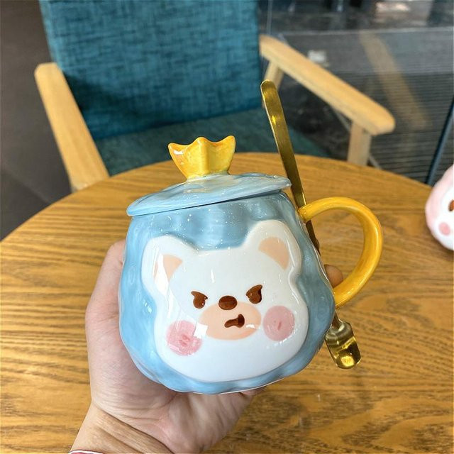 Yiran bag Keramiktasse im koreanischen Cartoon-Design mit Deckel, Löffel und Strohhalm, 380 ml, Pink, Blau, Grün - Bild 1