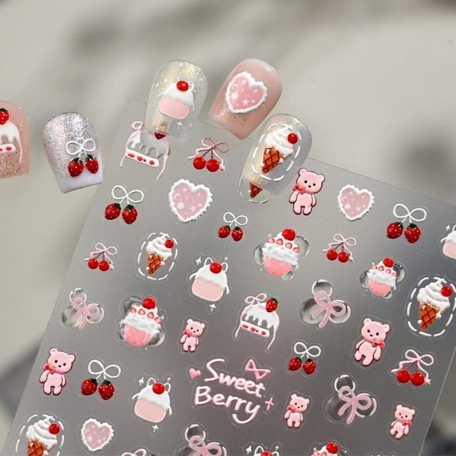 Rhstoe Nagelkunst-Aufkleber, Süße Beeren-Bärchen, Glänzend - Bild 1