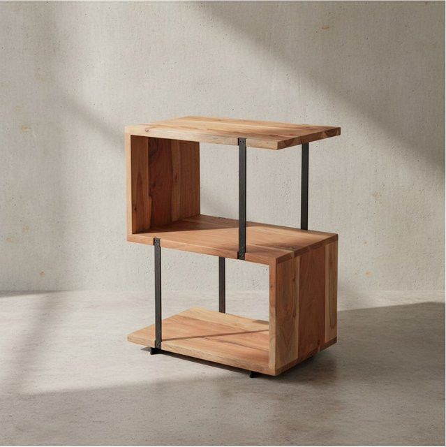 KADIMA DESIGN Beistelltisch in S-Form aus Massivholz Akazie und Edelstahl, Braun, B/T/H: 60,0 x 30,0 x 45,0 cm - Bild 1