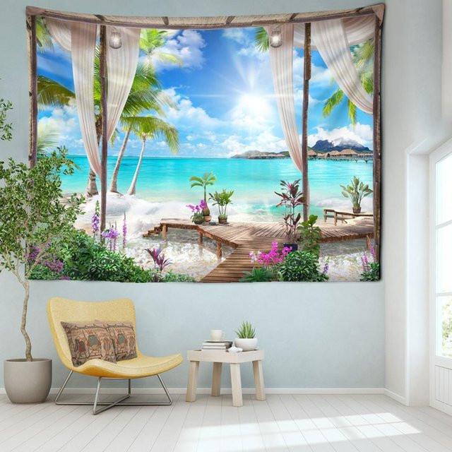 Wandteppich Kokosnusswald mit Meerblick von Binchi Outdoor Equipment in Blau, B/H: 95 x 70 cm - Bild 1