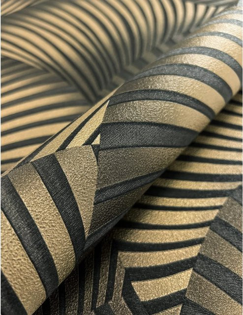 Newroom Vliestapete Sadou Schwarz Gold Modern Strukturiert mit geometrischem Fächermuster - Bild 1
