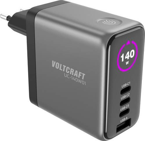 VOLTCRAFT UC-140W01 USB Schnellladegerät mit 1x USB-A und 3x USB-C, GaN Technologie, USB Power Delivery, Schwarz - Bild 1