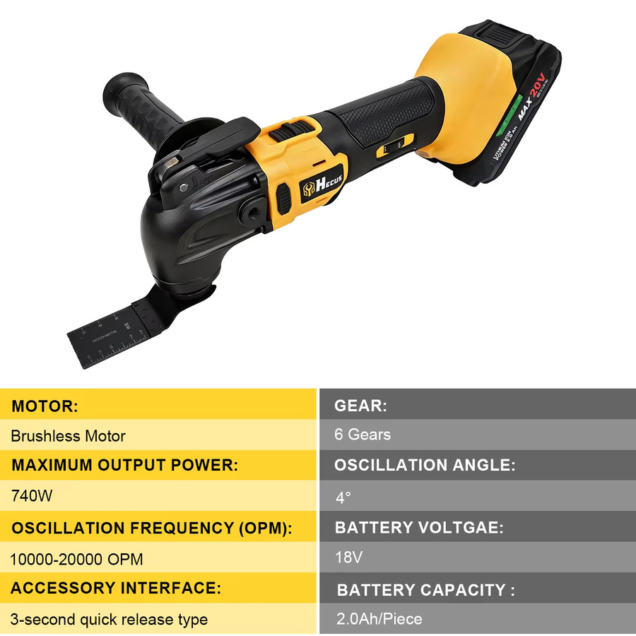 Hecus Bürstenloses Elektrisches Oszillierendes Multifunktionswerkzeug mit 20000 OPM und 6 Gängen, Gelb, kompatibel mit Makita 18V Akku - Bild 7