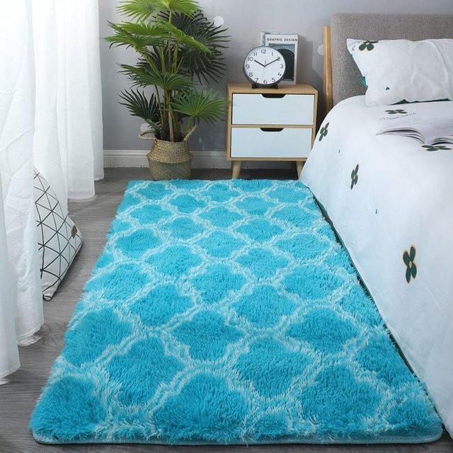 Moderner Seidenteppich in Türkis mit geometrischem Design aus Polyester, rutschfest und schmutzabweisend, B/T: 60 x 40 cm - Bild 1