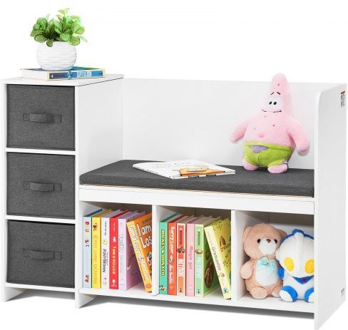 VEVOR Lesebank für Kinder in Weiß mit abnehmbarem Sitzkissen, Bücherregal und Aufbewahrungsbank mit 6 Fächern und 3 Schubladen, B/T/H: 109,3 x 76,0 x 40,2 cm - Bild 1