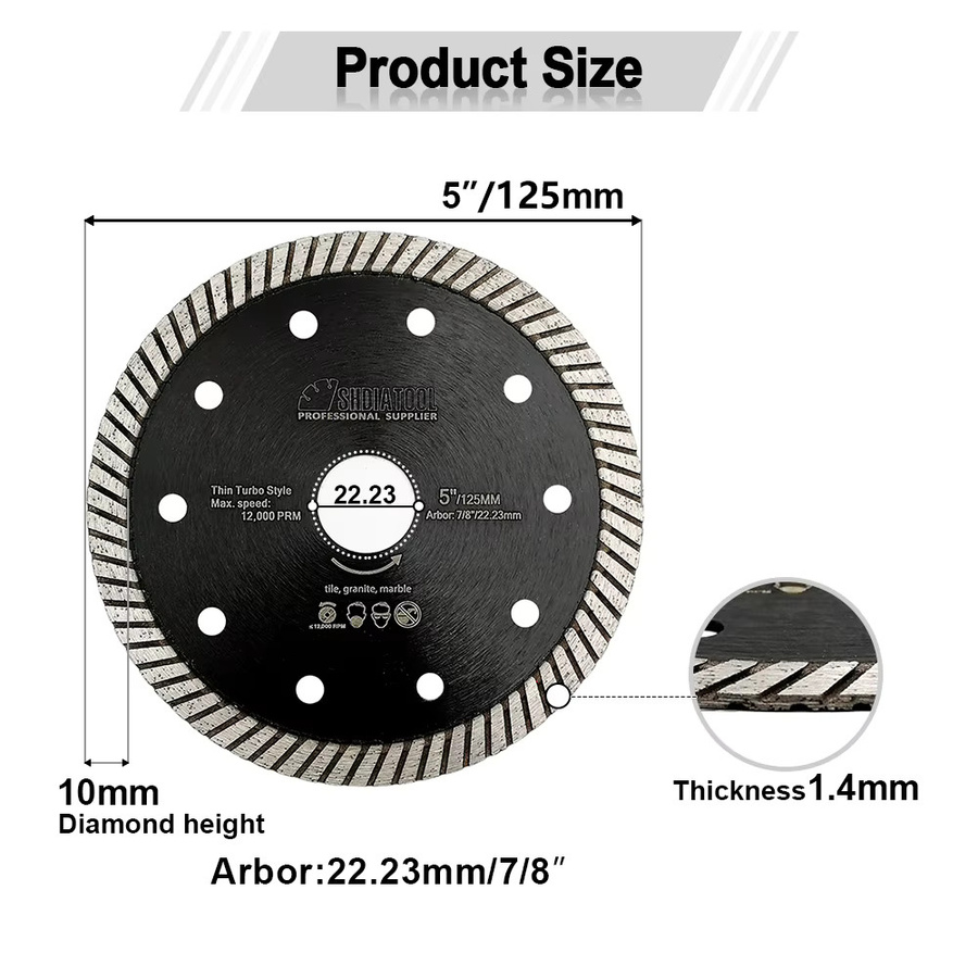 SHDIATOOL 5er Set Superthin Diamond Turbo Trennscheibe für Keramikfliesen, Marmor und Granit, Durchmesser: 125 mm - Bild 3