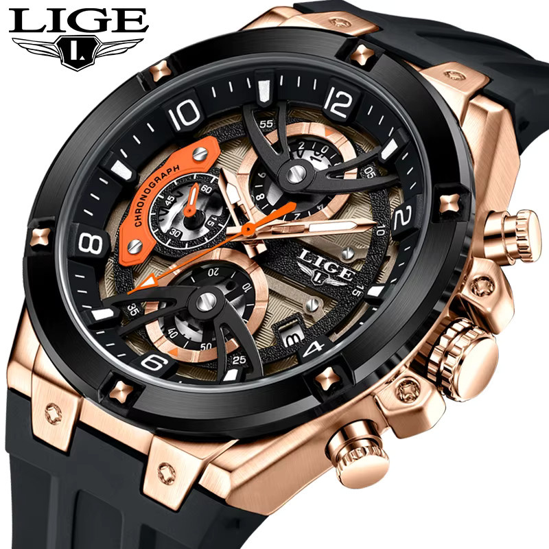 LIGE Armbanduhr Chronograph, Quarz, Silikonarmband, Herren, Schwarz - Bild 6