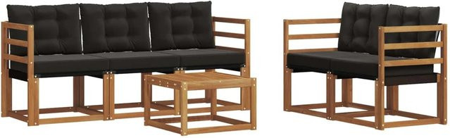 vidaXL 6-teilige Outdoor-Sofagarnitur aus Akazienholz mit Textilene und Kissen in Schwarz und Natur - Bild 1