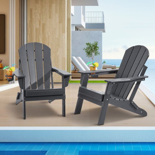 VEVOR Adirondack-Stuhl aus Kunststoff 2er-Set grau, wetterfeste klappbare Terrassenstühle für den Außenbereich mit Getränkehalter und ergonomischen Armlehnen - Bild 1