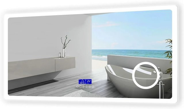 Aica Sanitär Badspiegel mit Bluetooth und LED-Beleuchtung, B: 100 cm, H: 60 cm, Weiß, Dimmbar mit Uhr und Memory-Touch-Funktion - Bild 1