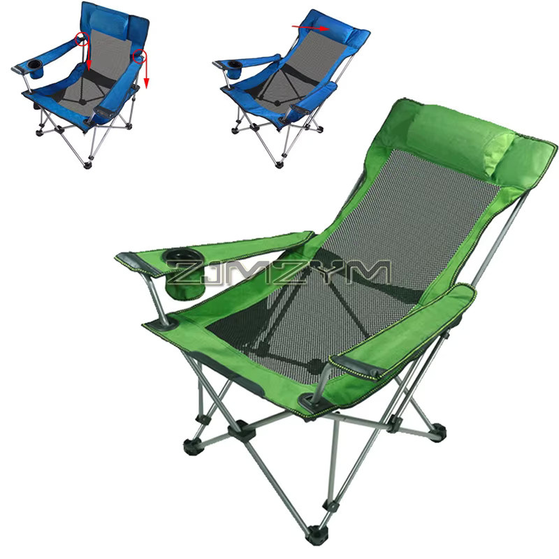 ZJMZYM Klappbarer Strand-Campingstuhl in Blau mit verstellbarer Kopfstütze, Armlehnen und Getränkehalter - Bild 2