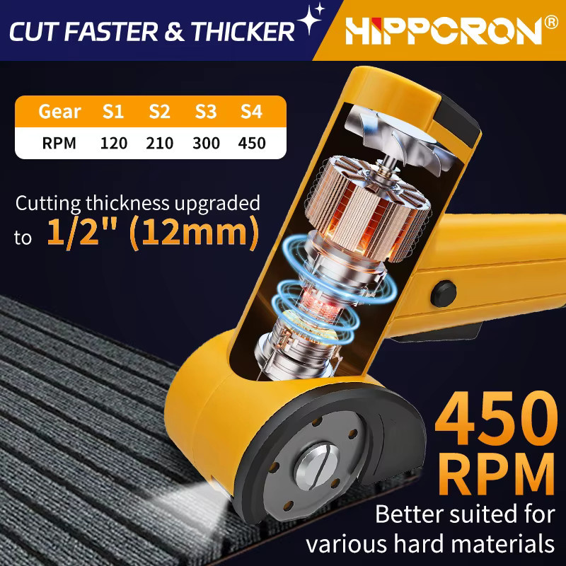 Hippcron Kabellose Elektrische Schere 4,2V Gelb mit 450rpm und vierstufig einstellbarem Rotationsschneider für Stoff, Leder und Teppich - Bild 2