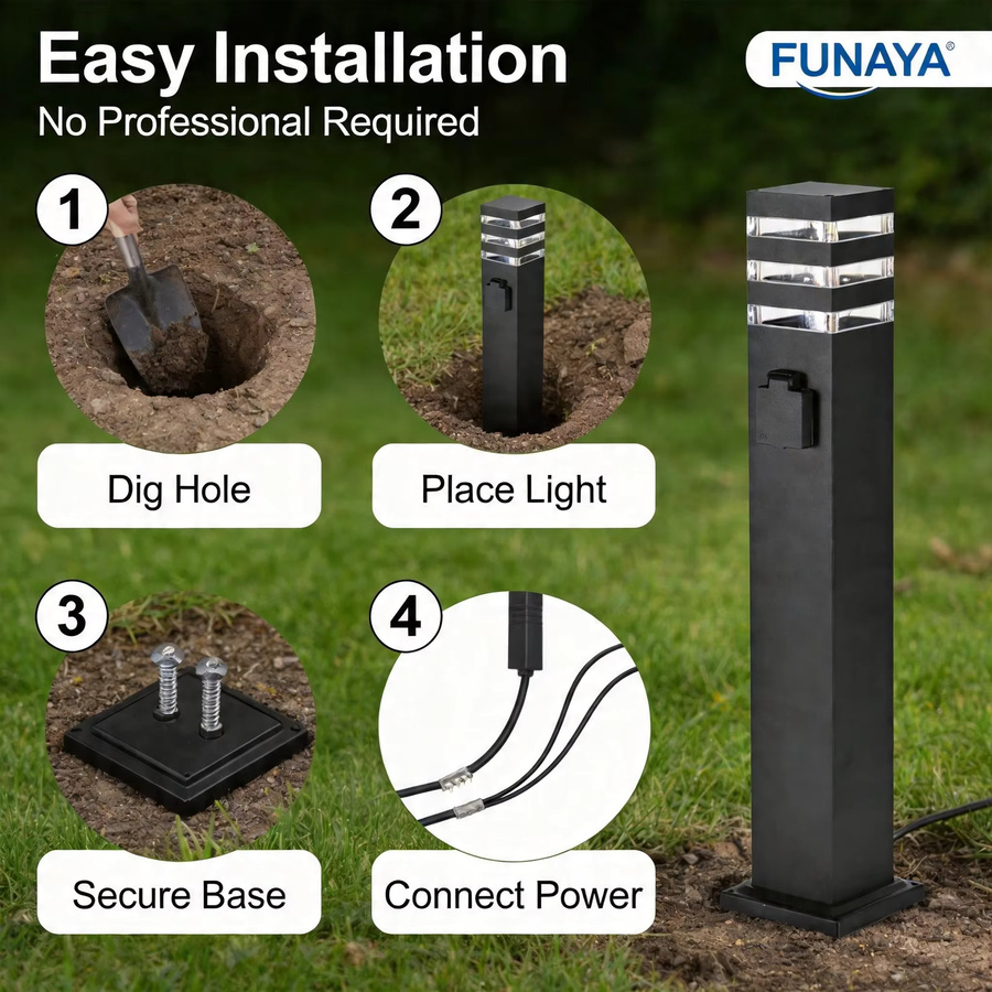 FUNAYA Außenleuchte mit wasserdichter Steckdose, moderne LED Pollerleuchte aus Aluminium in Schwarz, E27 Fassung, IP45 Schutzklasse für Garten und Innenhof - Bild 4