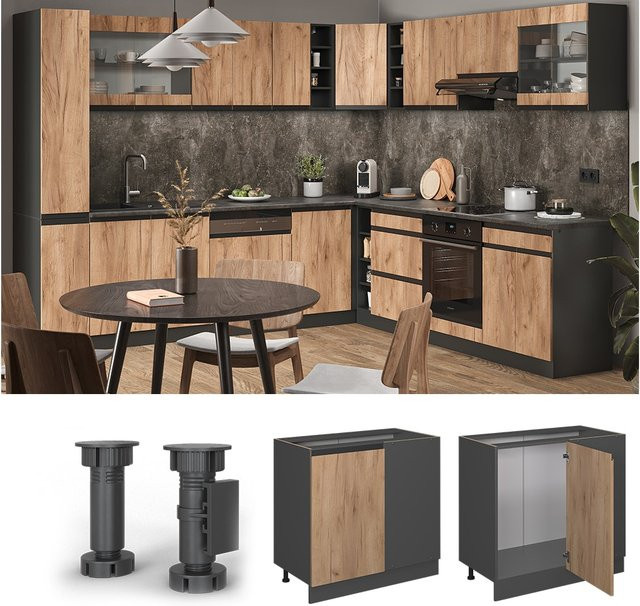 Vicco Eckunterschrank R-Line J-Shape Küchenschrank in Eiche und Anthrazit, Höhe: 86 cm - Bild 3