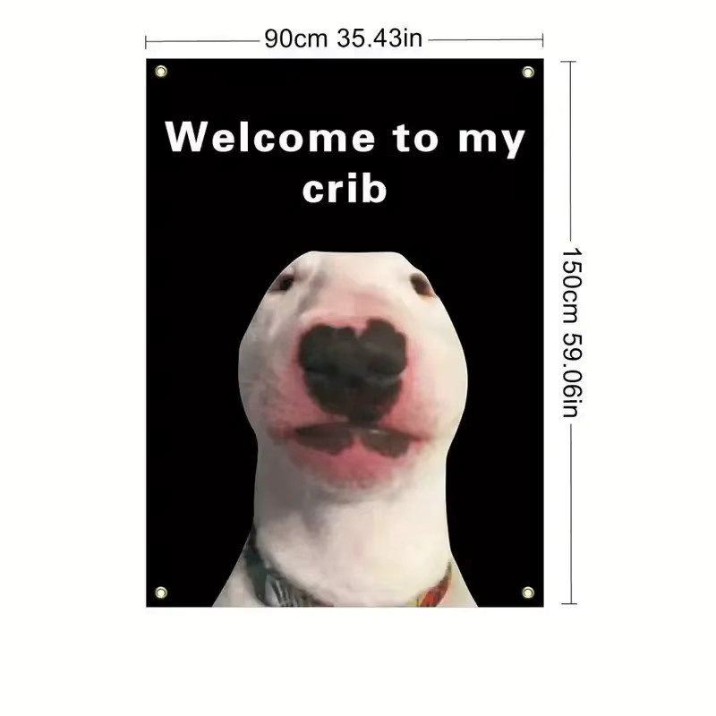 VIKAMA Wandteppich mit lustigem Bullterrier-Meme Welcome to My Crib aus Polyester, Wandbehang in Schwarz, Breite: 60 cm, Höhe: 40 cm - Bild 3