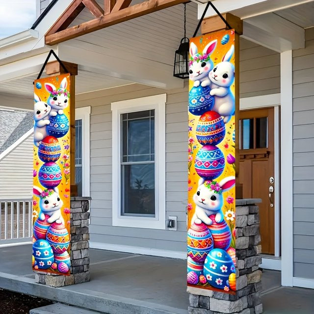 VIKAMA Ostern Tür Banner mit Osterei und Kaninchen, dekorative Outdoor Flagge für Veranda und Garten, Mehrfarbig, B: 30 cm, H: 180 cm - Bild 1