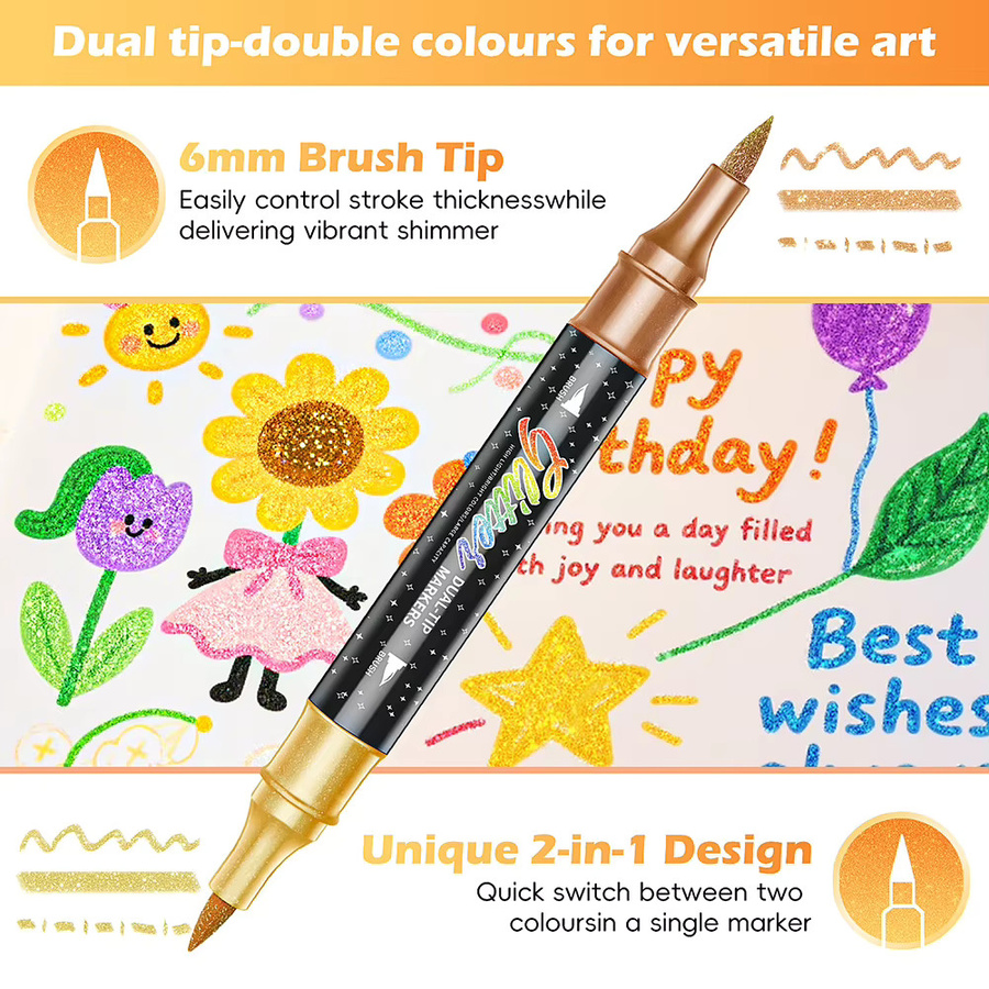 Zweifarbige Glitzereffekt-Pinselmarker mit zwei Spitzen für Doodle-Schreiben, Mehrfarbig - Bild 4