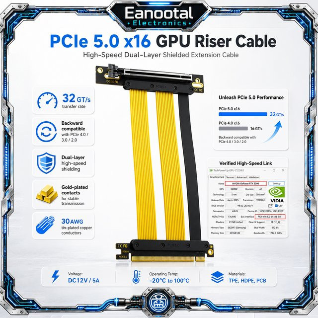 PCIe 5.0 X16 GPU-Riser-Kabel Gen5 32GT/s PCI Express 16X Flexibles Verlängerungskabel für vertikale Grafikkartenmontage mit Goldkontakten - Bild 1