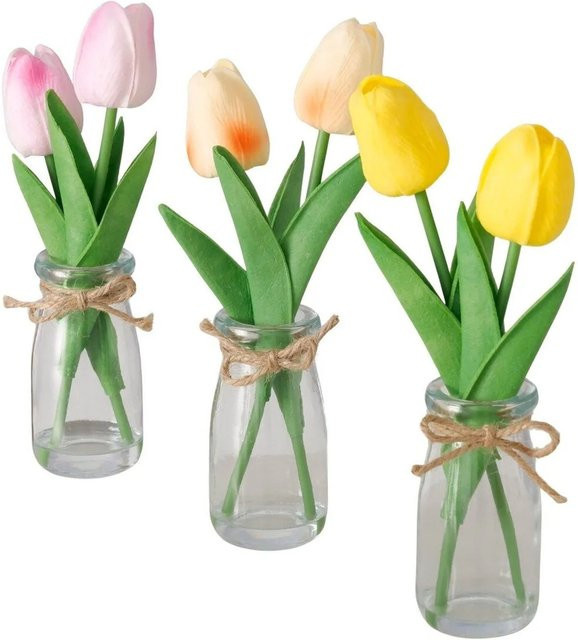 Boltze Topfpflanze Tulip in den Farben Lila, Weiß und Gelb im Klarglas, 3er-Set - Bild 1