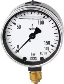 Riegler Glyzerinmanometer mit Metallgehäuse in Silber, Anschluss G 1/4 unten, Messbereich 0-160,0 bar, Durchmesser 63 mm - Bild 1