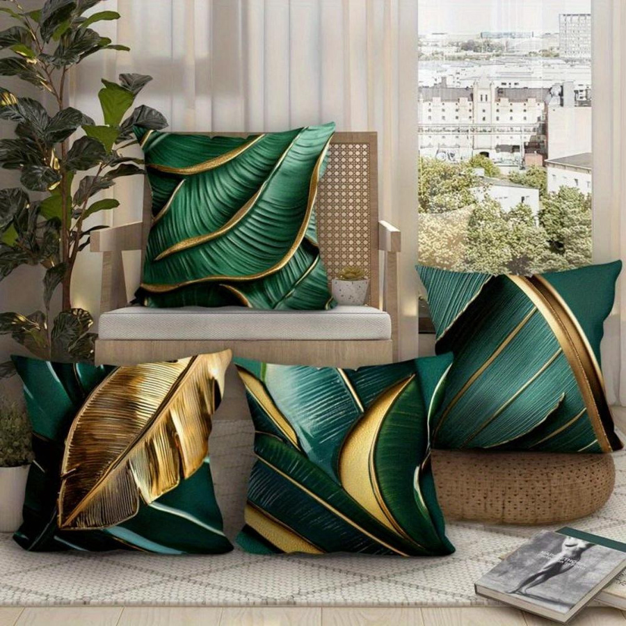 Exquisite Kissenbezüge von JMG Clothing mit grün-goldem Blattmuster, quadratisch, B/B: 50 x 50 cm - Bild 2
