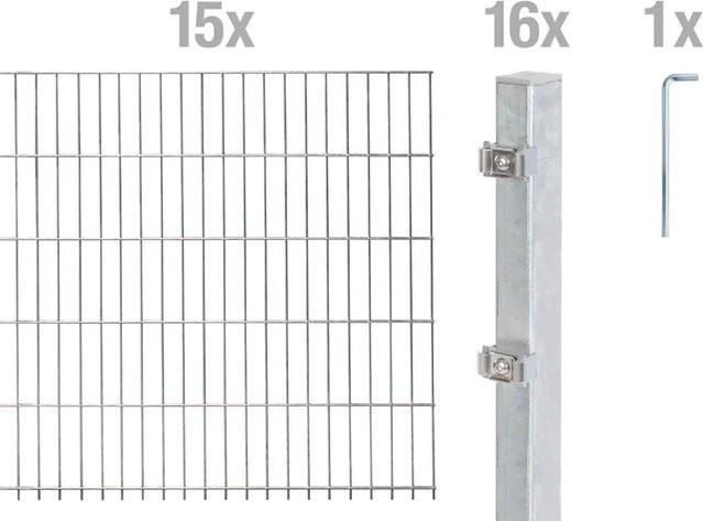 Metallzaun Grund-Set Doppelstabmatte aus Stahl feuerverzinkt in Silber, B/H: 200 x 160 cm - Bild 1