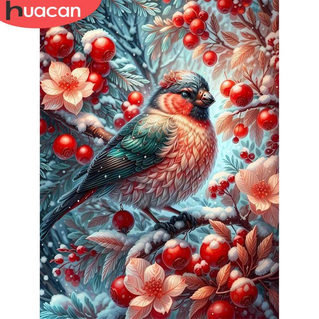 Huacan Diamant-Malerei Winter Vogel und Blumen als Mosaik-Stickerei in Multicolor, rechteckig - Bild 1