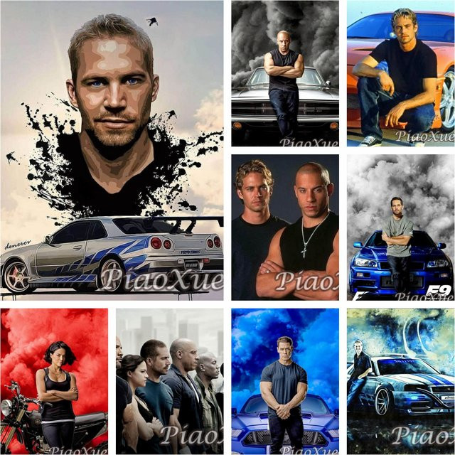 YUTTEE Diamant-Malerei Fast And Furious Motiv mit Paul Walker und Auto als Mosaik-Strass-Kreuzstich-Set in Multicolour zur Wanddekoration - Bild 1
