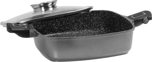 Stoneline SMART Eckpfanne aus Aluguss mit Steinpartikel-Beschichtung, Grau, B/T: 28 x 28 cm, inklusive Aroma-Glasdeckel und abnehmbaren Sicherheitsgriffen, geeignet für Induktion - Bild 1