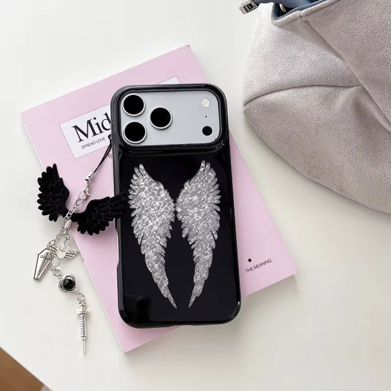 Potdemiel Handyhülle mit Laser-Cartoon-Engelsflügeln und Anhänger für iPhone 15, 16 und 17 Pro Max, Schwarz - Bild 4