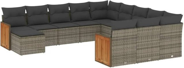 vidaXL 12-tlg. Garten-Sofagarnitur L-Form aus Poly-Rattan und Akazienholz in Grau mit Kissen und Armlehnen - Bild 1